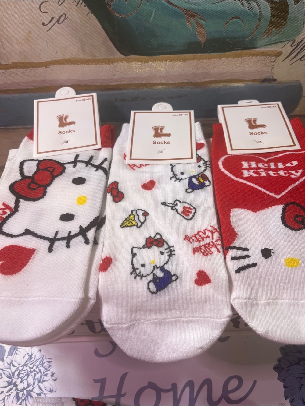 Hello Kitty Socks Set — White, Red & Yellow Cute Character Trio